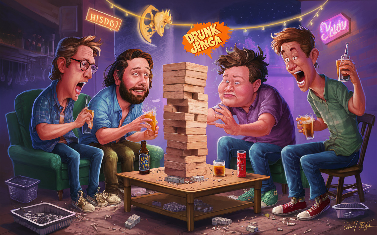 Drunk Jenga drinking game without cards for small groups