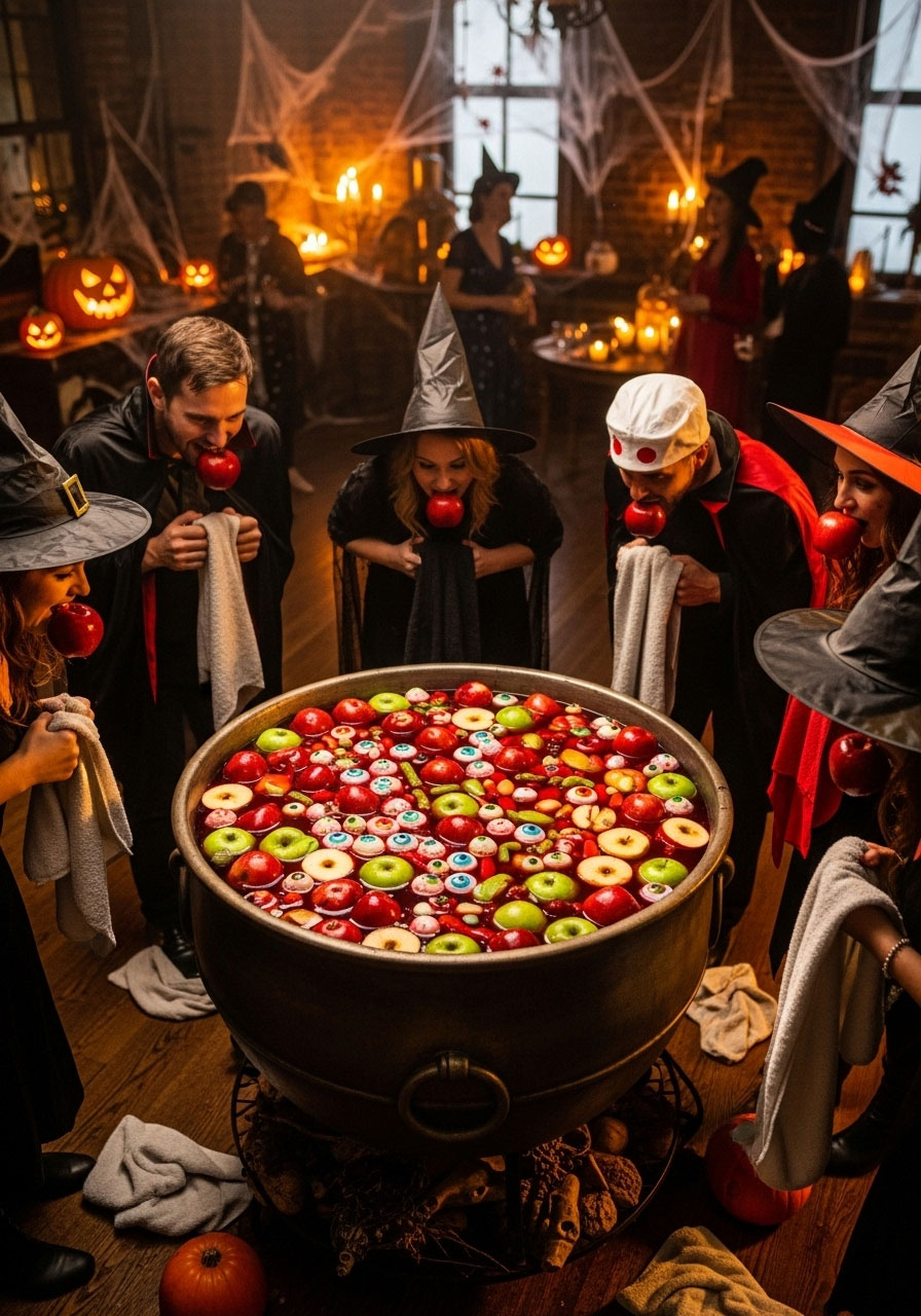 Adults in Halloween costumes playing boozy apple bobbing drinking game with cauldron filled with spiked punch and floating apples