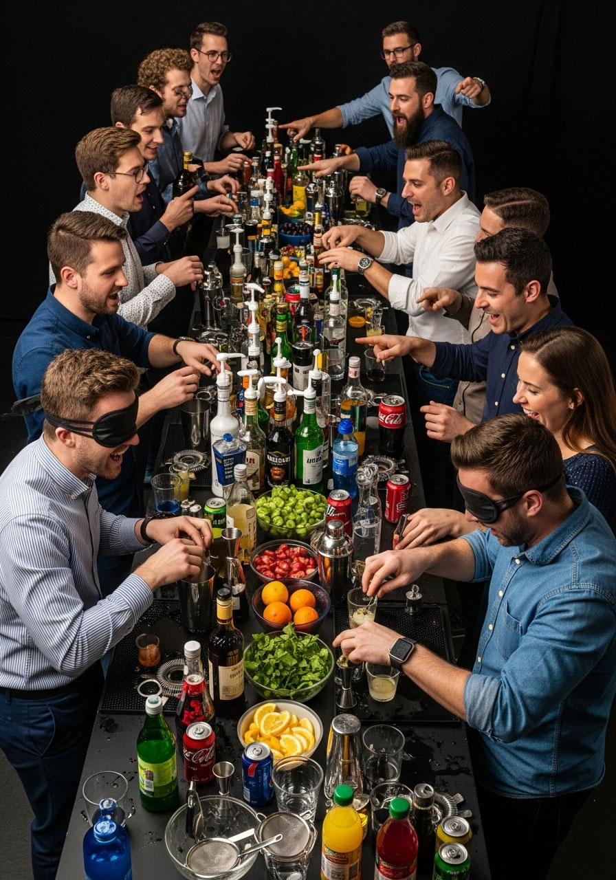 Teams creating blindfolded creepy cocktails at Halloween drinking game challenge with various spirits, mixers, and bartending tools