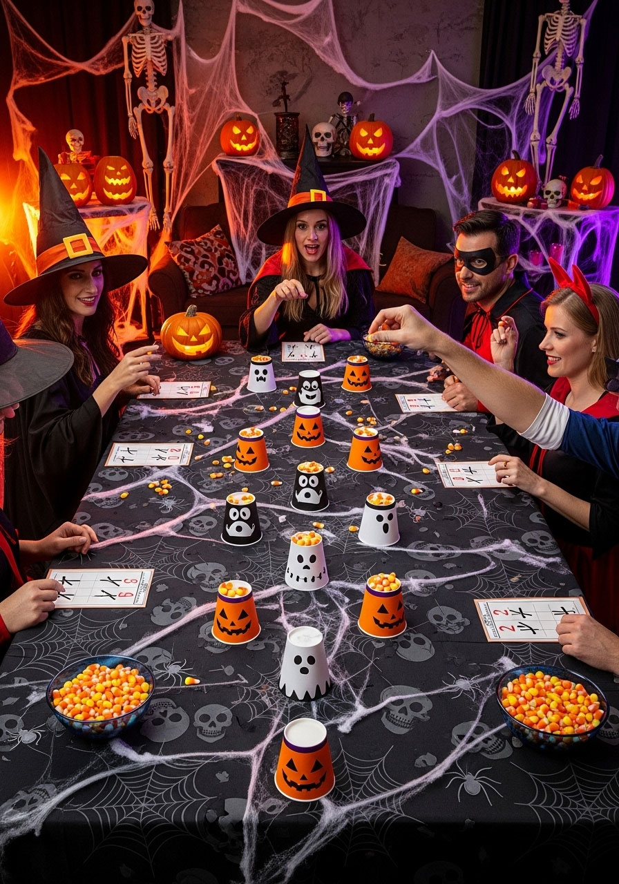 Halloween party setup for candy corn cup challenge drinking game with multiple cups at distances and adults aiming candy corn