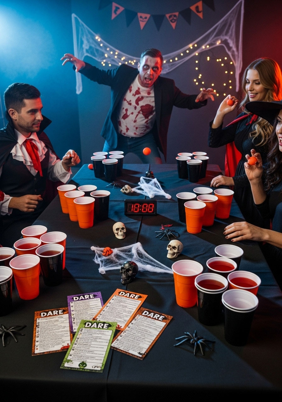 Adults playing dare pong ultimate challenge Halloween drinking game with themed cups, dare cards, and spooky penalty challenges