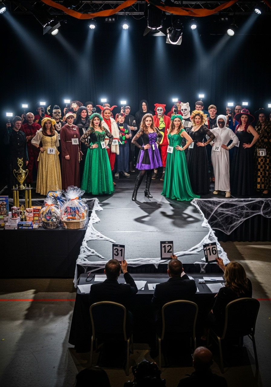 Adults showcasing creative Halloween costumes in ultimate costume contest drinking game with judges, prizes, and party runway setup