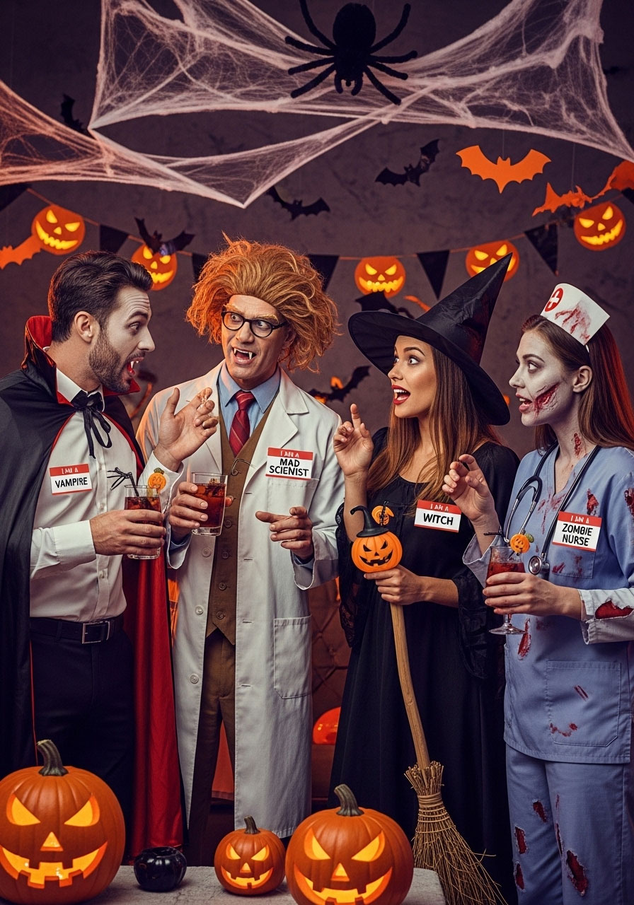 Adults in Halloween costumes mingling at party playing don't say the forbidden word drinking game with name tags and drinks