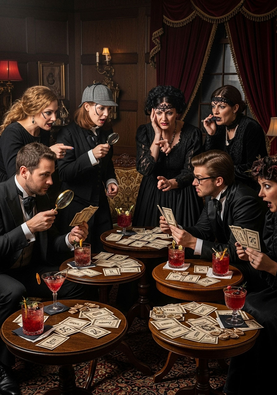 Adults in elaborate Halloween costumes role-playing murder mystery drinking game with clue cards and themed cocktails at party