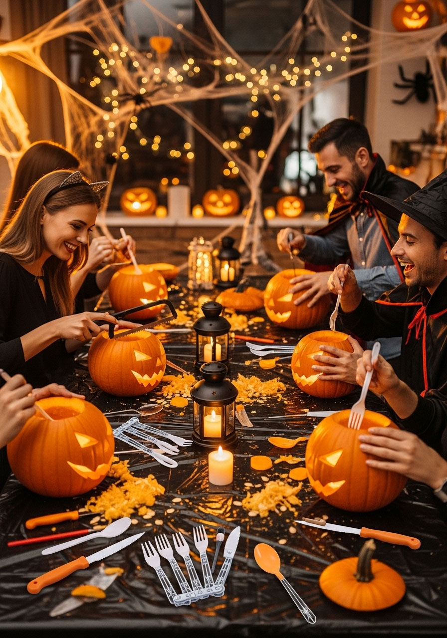 Adults in costumes participating in graveyard smash pumpkin carving drinking game contest with various tools and carved jack-o-lanterns