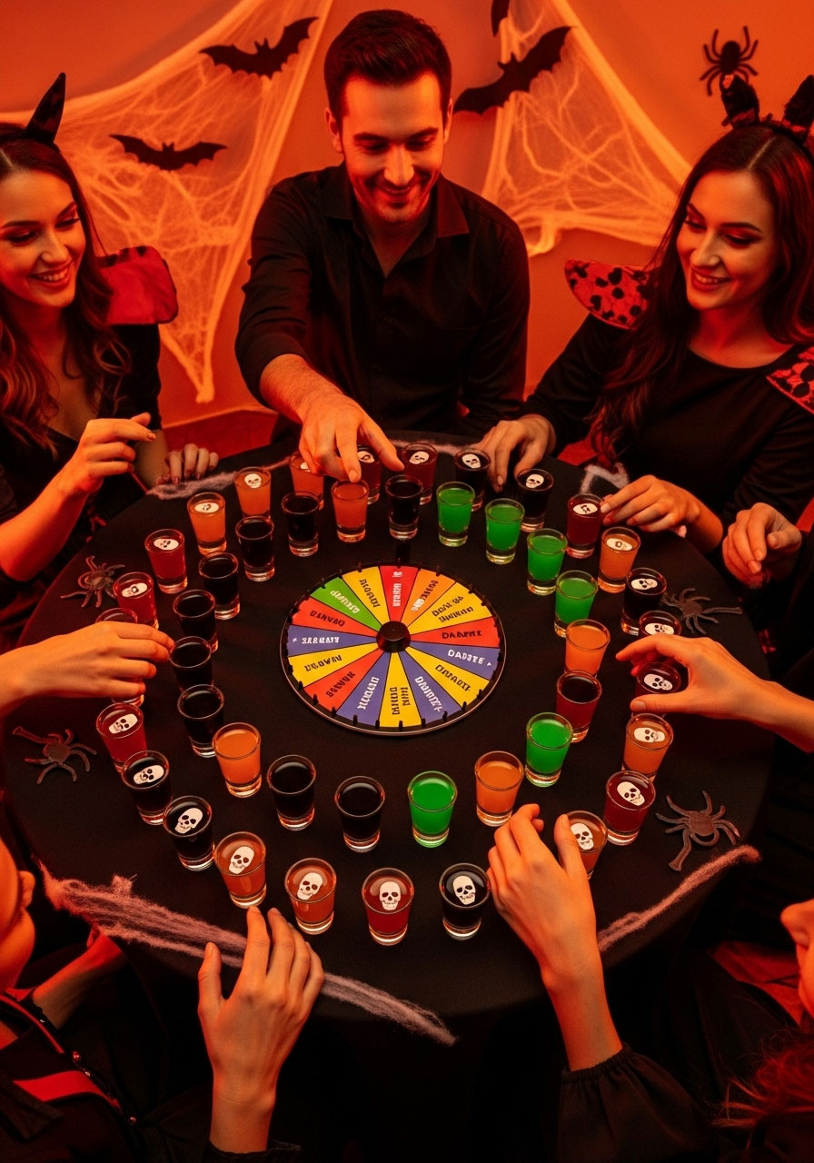 Adults in Halloween costumes playing spine-chilling shots roulette drinking game with colorful shot glasses and spinning wheel at party
