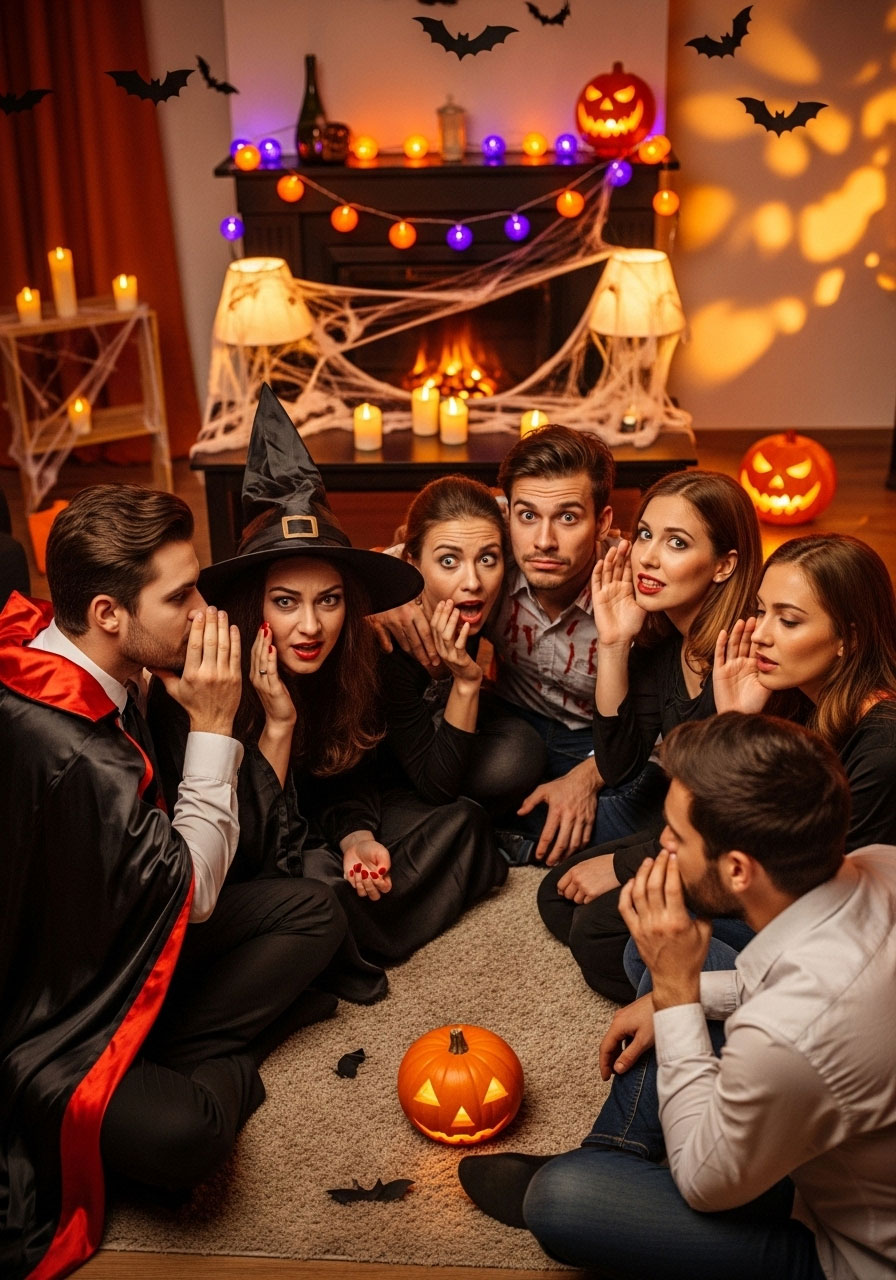 Circle of costumed adults playing wicked whispers Halloween telephone drinking game passing spooky messages around party group