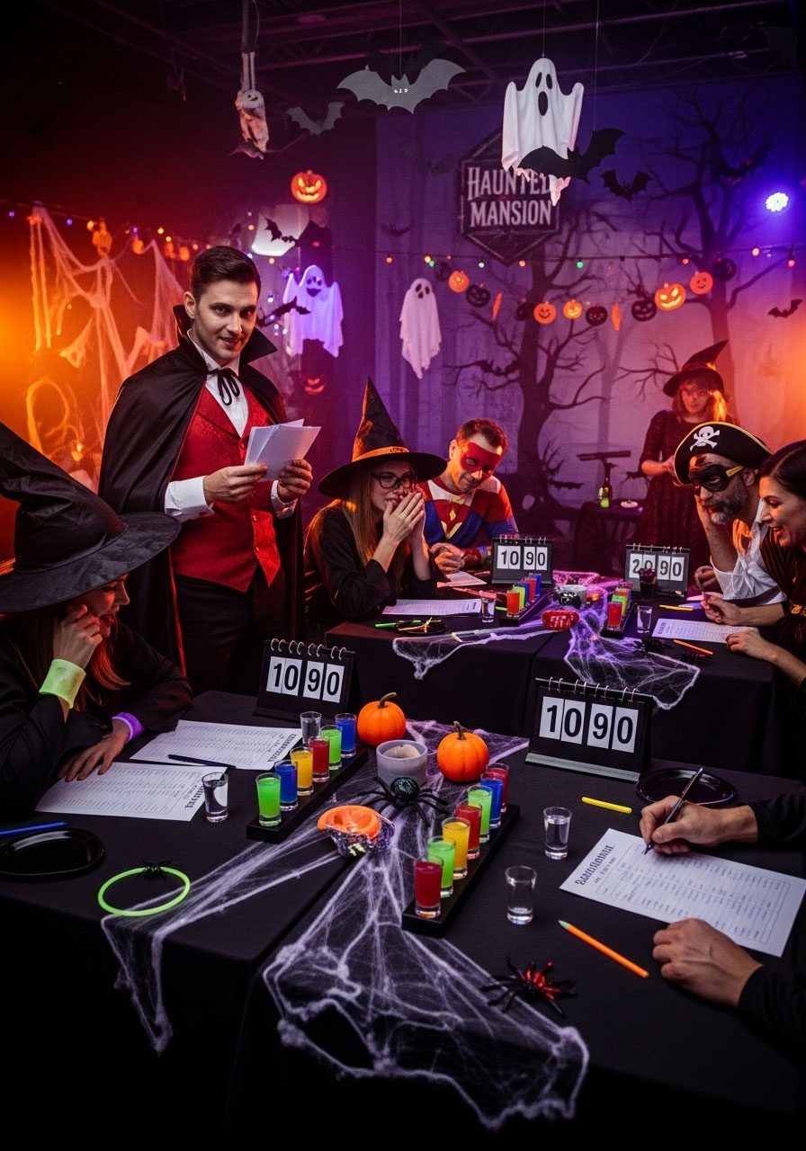 Halloween trivia drinking game setup with costumed adults answering spooky questions with penalty shots and scorecards at party