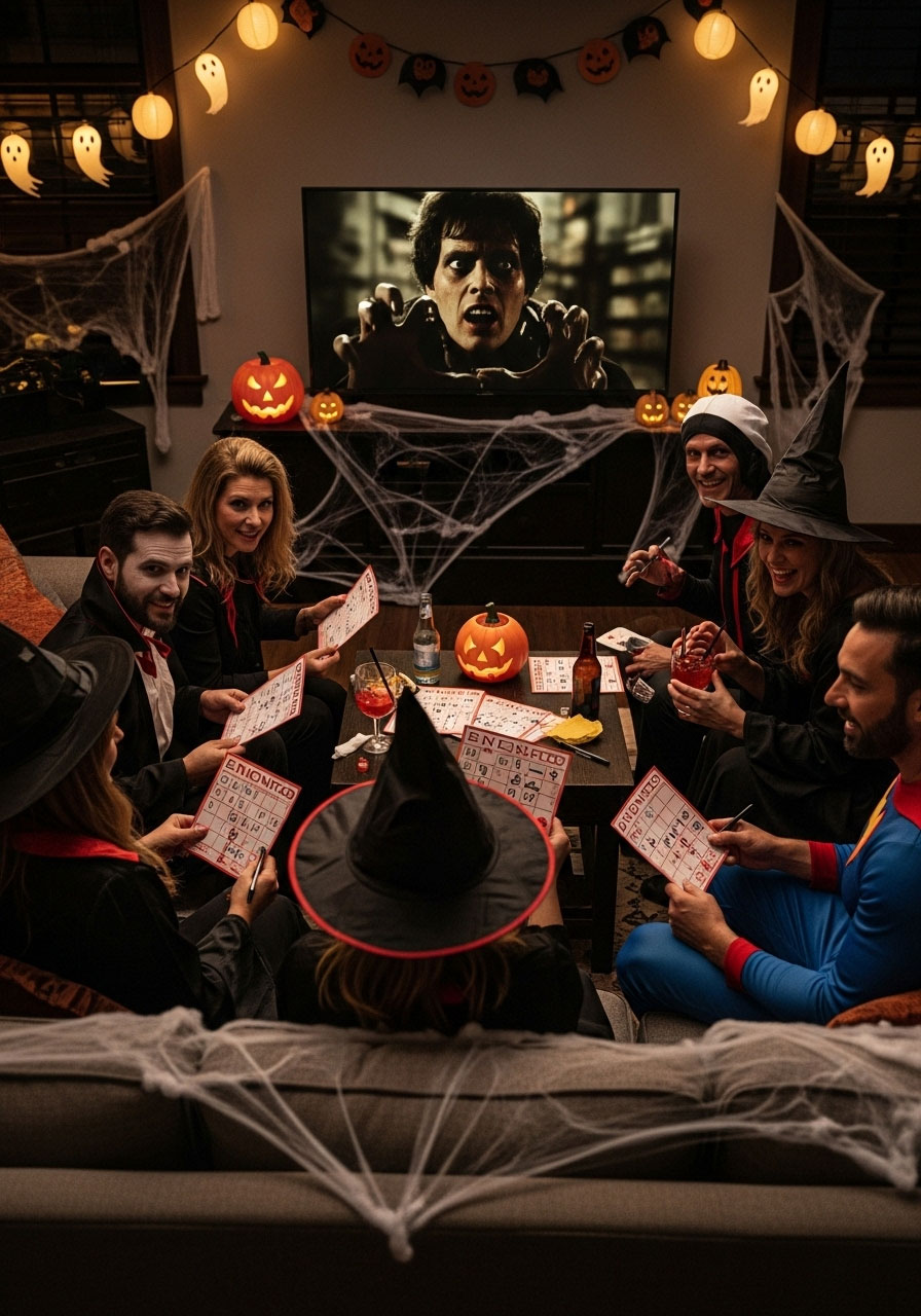 Group of adults in Halloween costumes playing horror movie bingo drinking game while watching scary movies with bingo cards and drinks