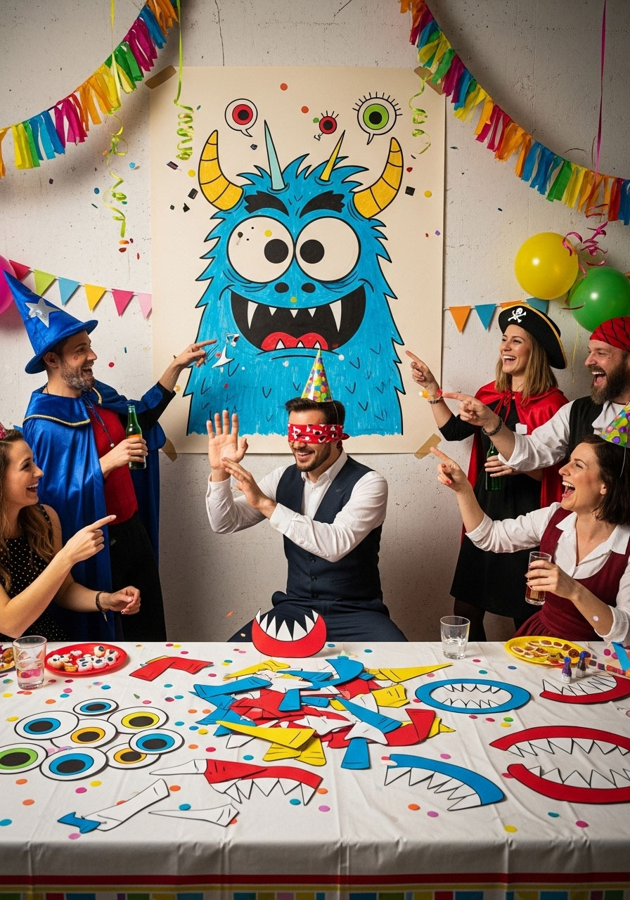 Halloween party guests playing pin the part on the monster drinking game with blindfolds and cut-out monster pieces