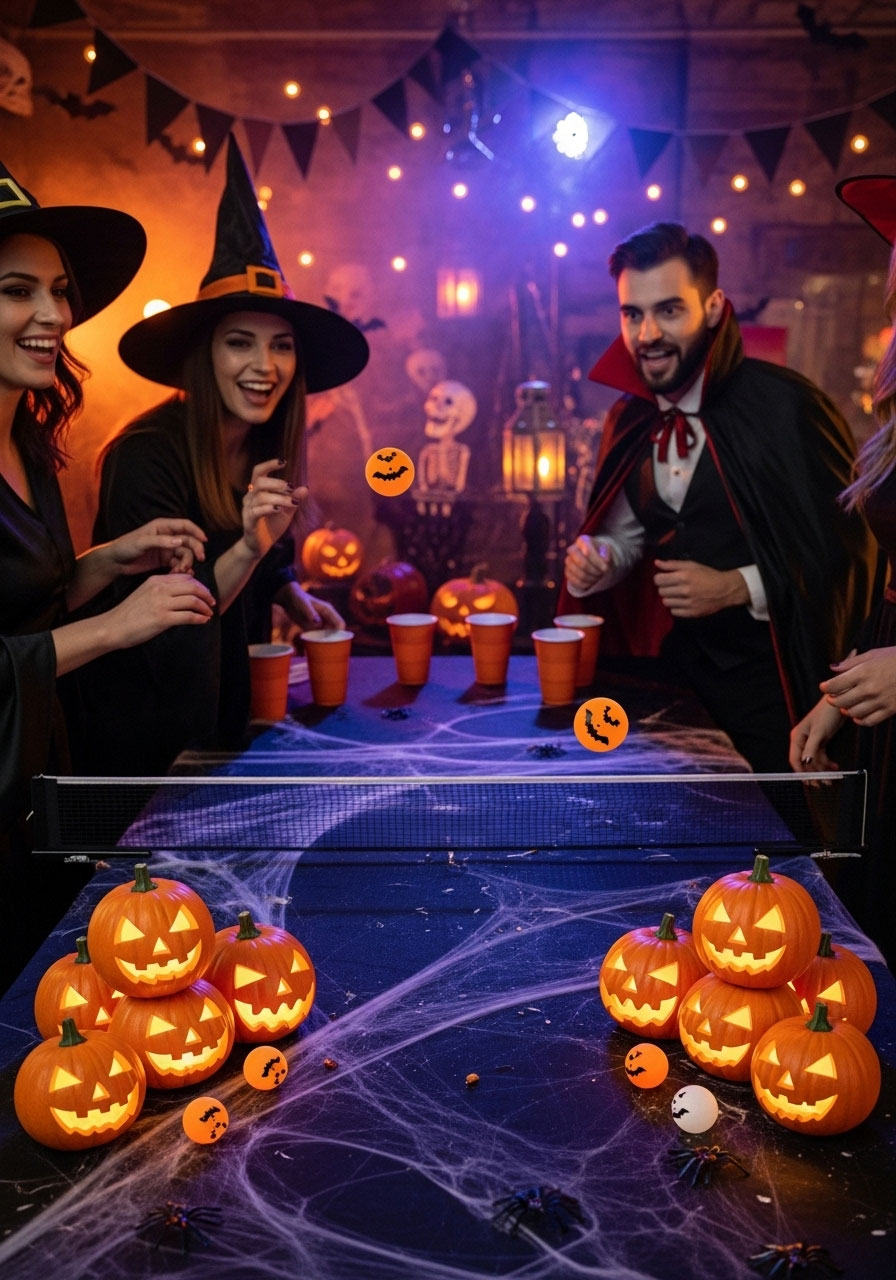 Adults playing pumpkin pong Halloween drinking game using carved mini pumpkins instead of cups on beer pong table setup