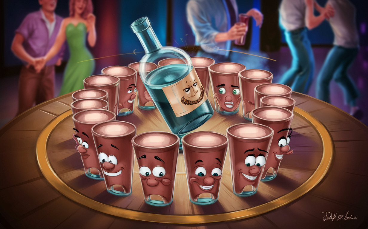 Bottle Roulette shot glasses arranged in a circle with a bottle in the center