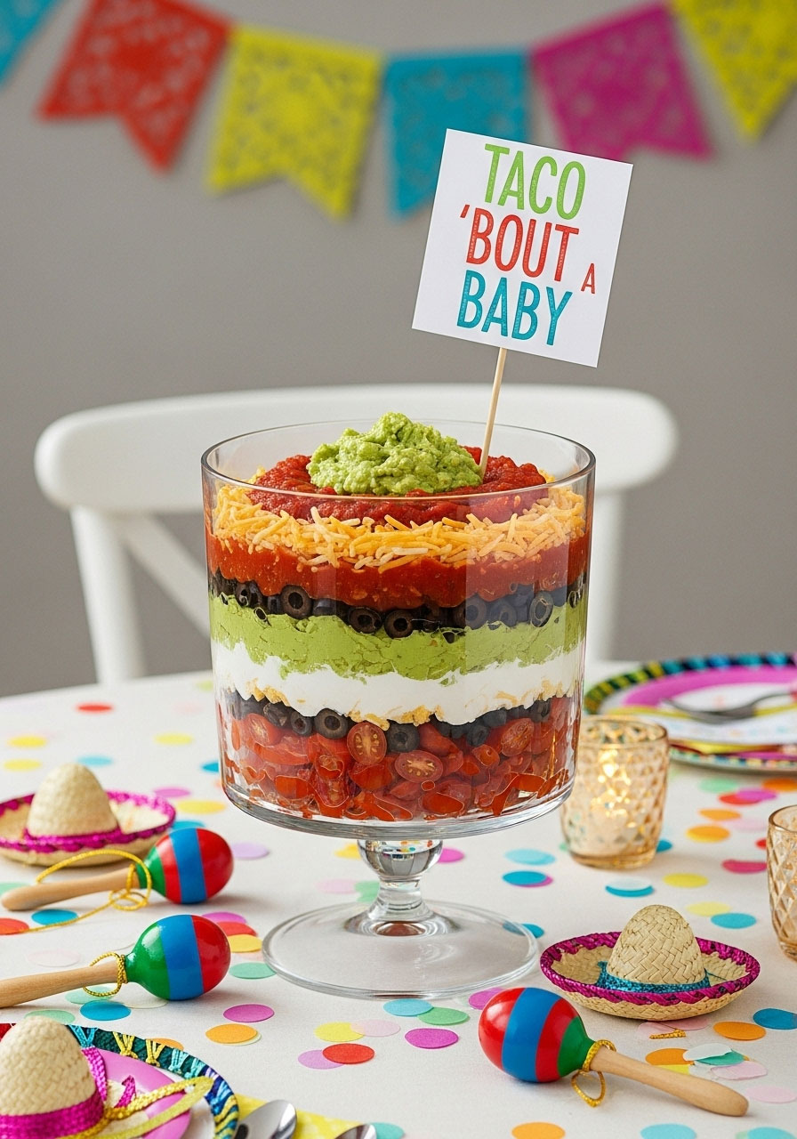 A beautiful 7-layer taco dip in a glass trifle bowl with a "Taco 'Bout a Baby" sign, perfect for a fun baby shower.