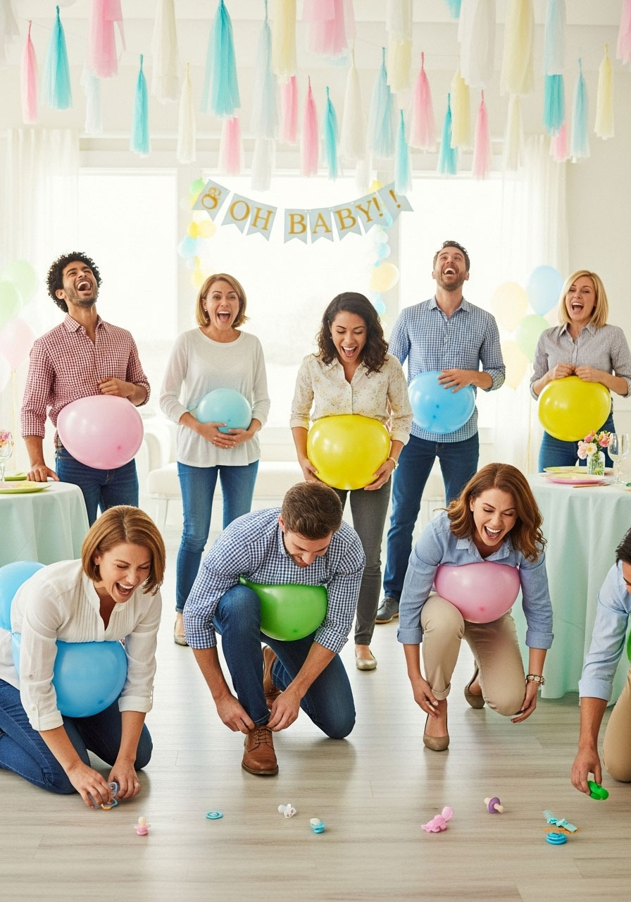 A dynamic, wide-angle photograph capturing a hilarious baby shower game in progress. A diverse group of cheerful adults, men and women, have large, colorful balloons stuffed under their shirts to create exaggerated pregnant bellies.