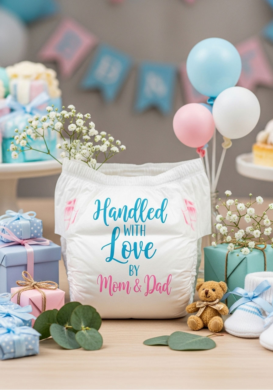 Handled with Love by Mom & Dad baby shower diaper message
