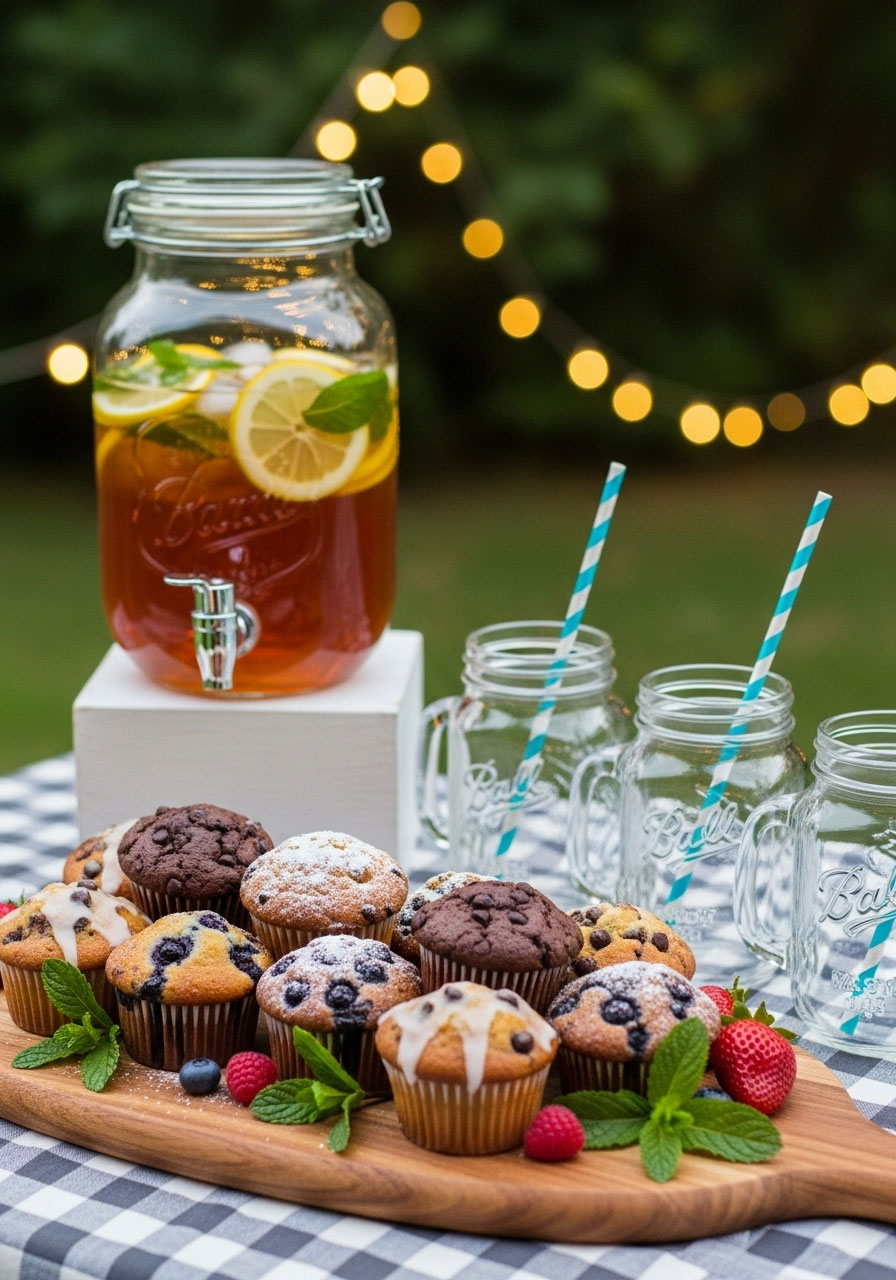 A beautifully arranged platter of homemade muffins or a refreshing drink setup, illustrating the mom's contribution for the "after-party."