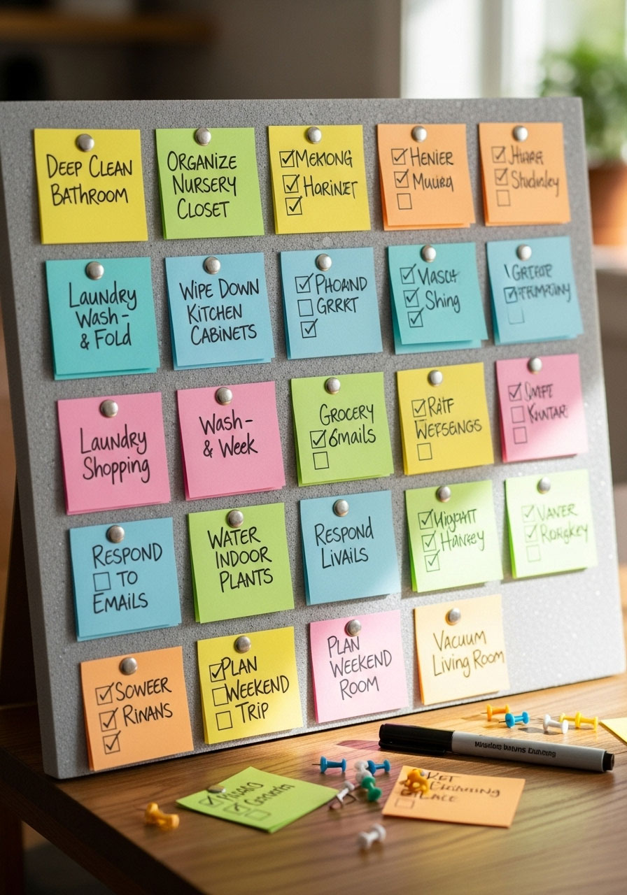 A beautifully designed foam board with various colorful index cards, each detailing a task (e.g., "Deep Clean Bathroom," "Organize Nursery Closet," "Wipe Down Kitchen Cabinets").