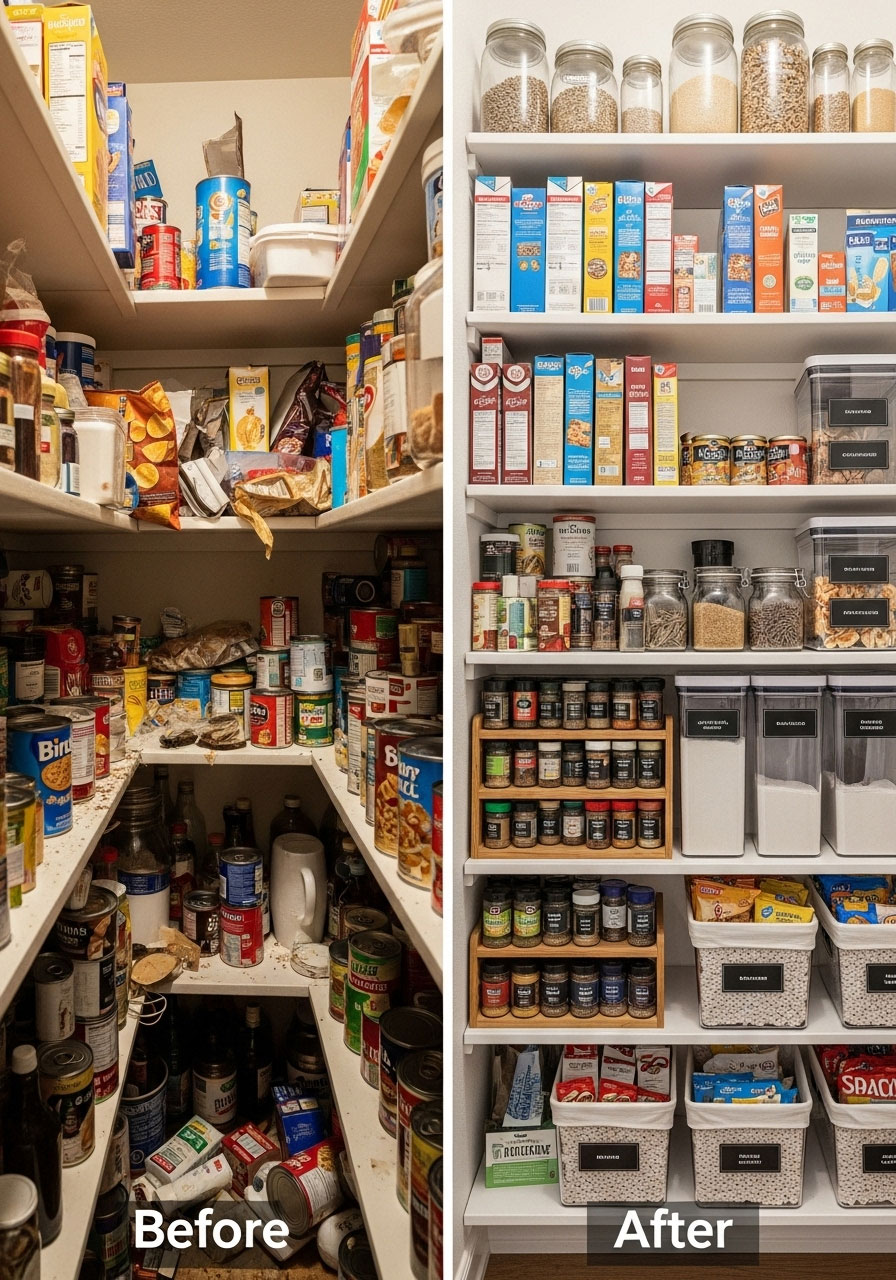 A "before" of a disorganized pantry and an "after" of neatly stacked items.