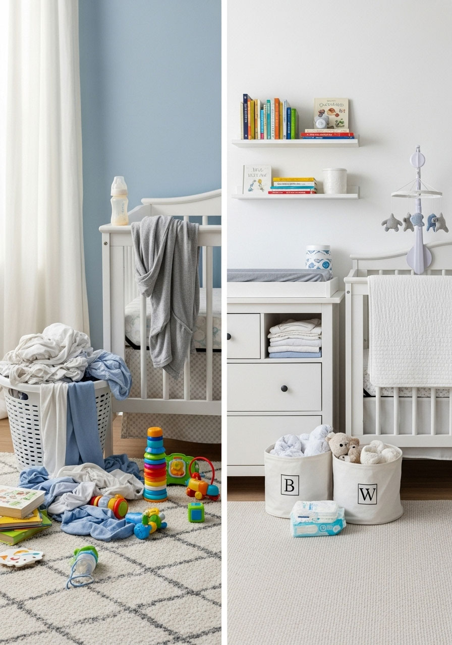 A "before" shot of a messy nursery corner vs. an "after" shot of it perfectly set up.