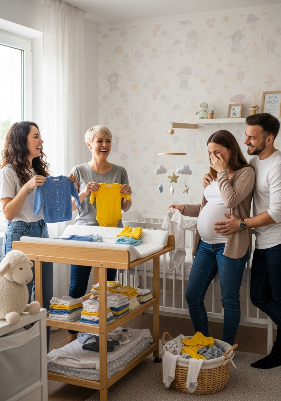 A group of friends laughing while organizing baby clothes in a nursery.