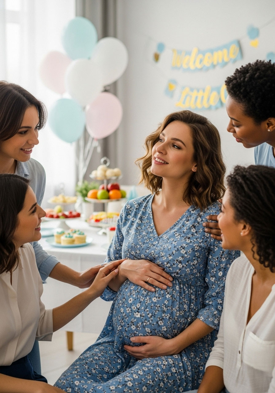 A mom-to-be with a relaxed, happy expression, perhaps with friends around her.