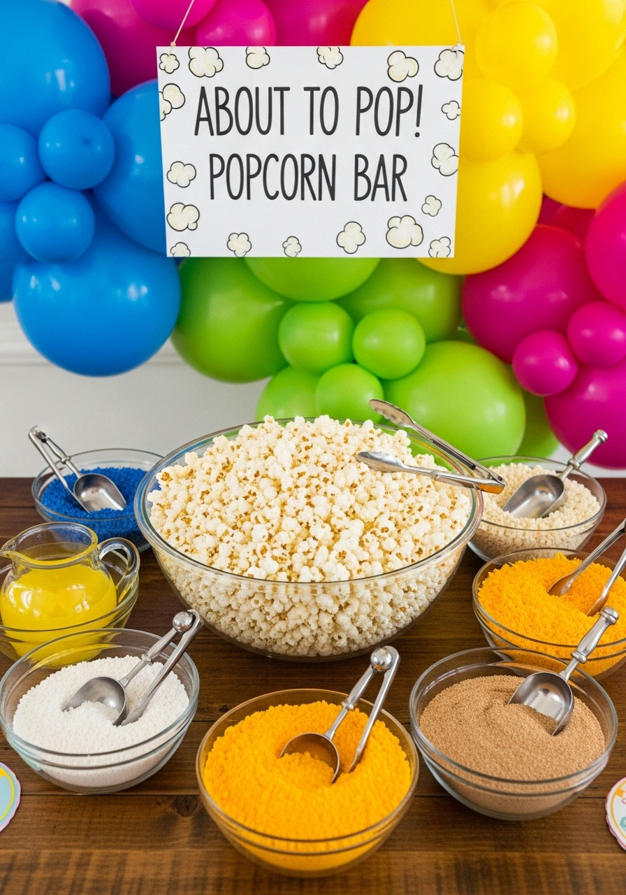A vibrant and fun 'About to Pop!' baby shower theme with a cheap and easy DIY popcorn bar.