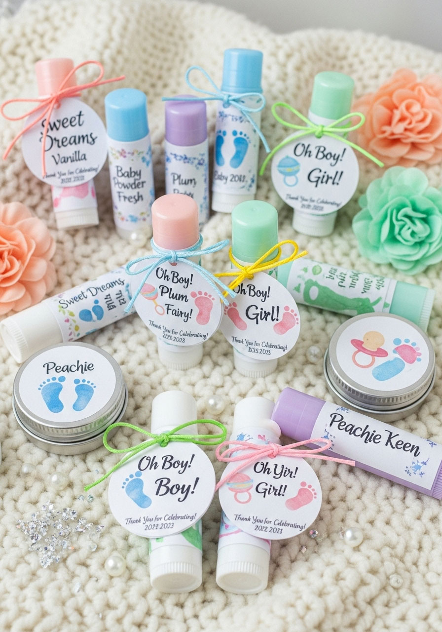 A collection of colorful lip balms with custom tags, an affordable baby shower prize idea.