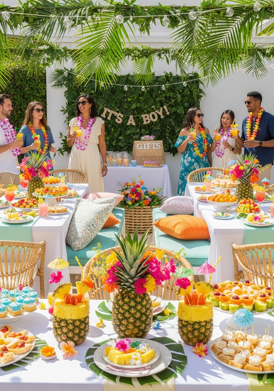 Sunny Aloha baby gender neutral shower with palm leaves, pineapple centerpieces, and leis for relaxed tropical celebration