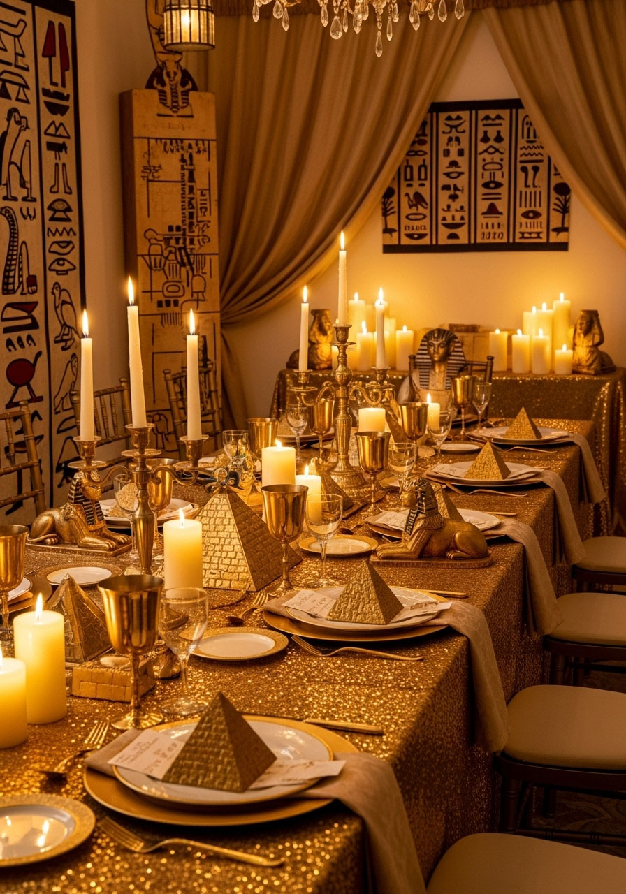 Ancient Egyptian baby shower with gold tablecloths, pyramid centerpieces, hieroglyphic decorations and sphinx statues for historical themed celebration