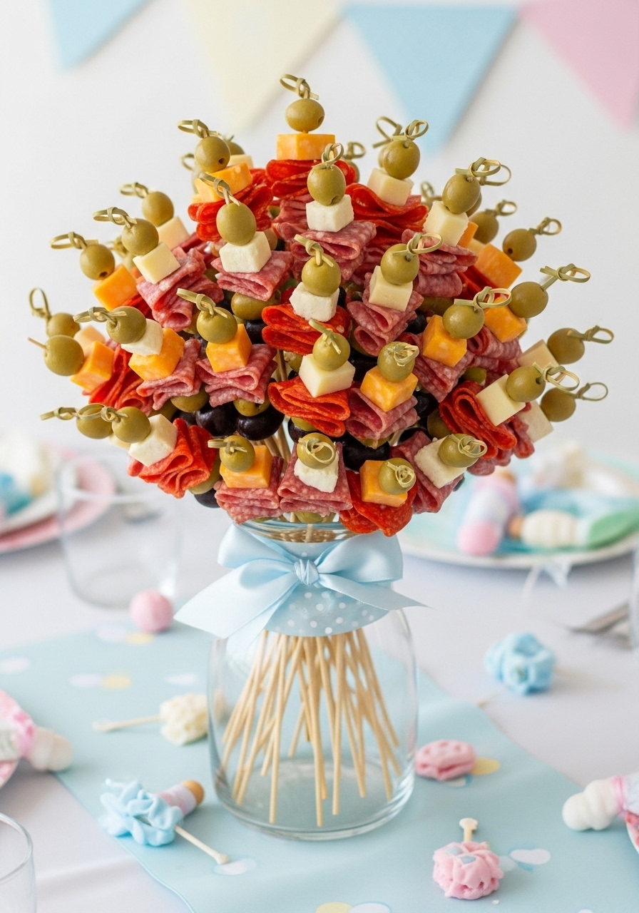 A creative and edible centerpiece of antipasto skewers arranged like a bouquet in a glass vase on a baby shower table.