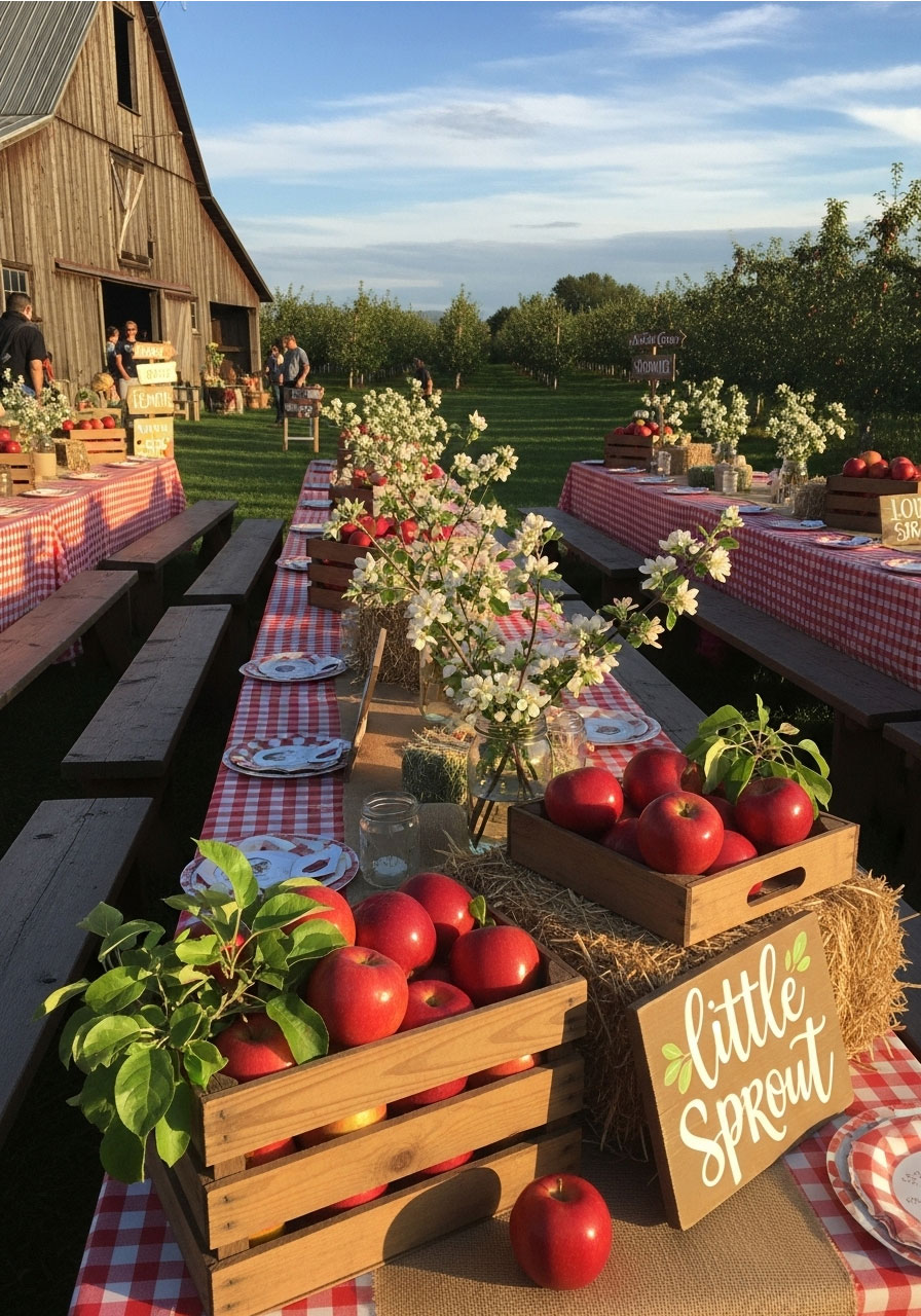 Apple orchard bash baby shower with wooden crates full of red apples, checkered tablecloths and rustic harvest decorations