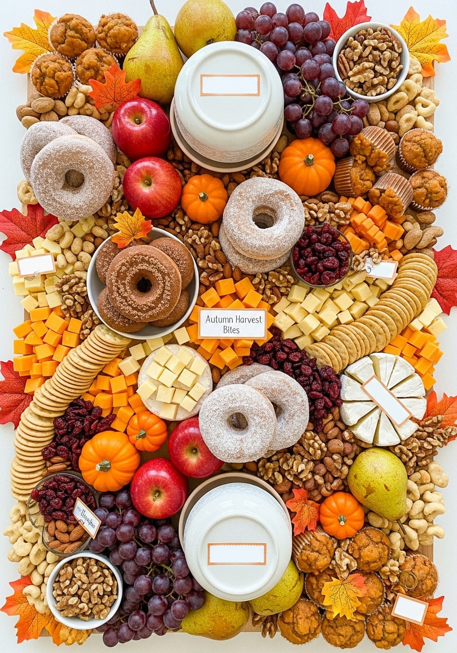 Appetizing fall baby shower snack board with apples, cinnamon donuts, cheese, and mini pumpkins, arranged with autumn flair