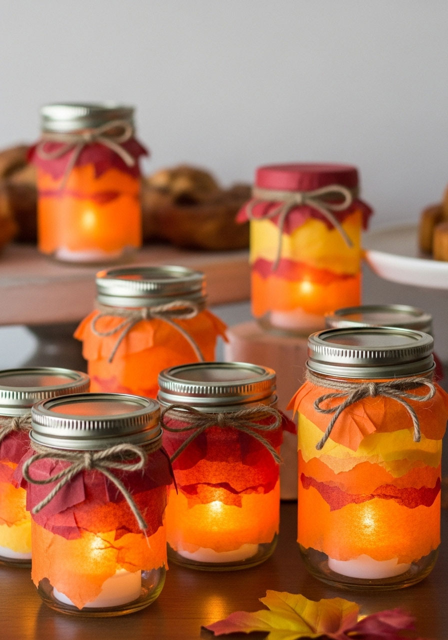 Upcycled baby food jar luminaries with fall-colored tissue paper and tea lights, creating a warm glow for a baby shower