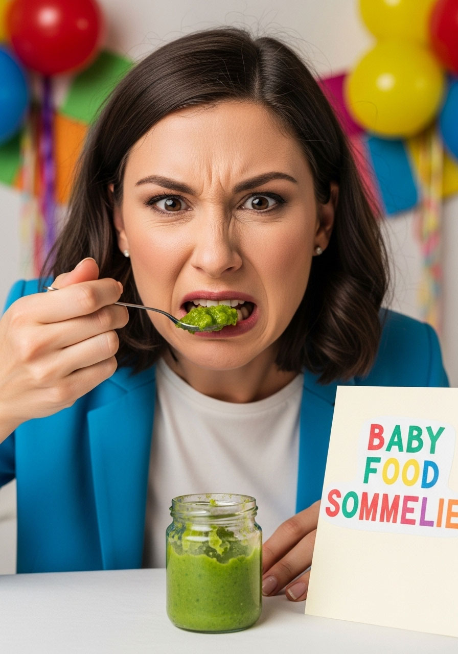 A guest making a funny face while taste-testing baby food in the hilarious 'Baby Food Sommelier' game.