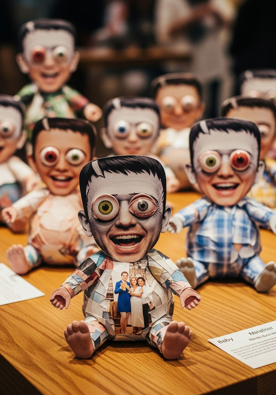 A hilarious composite face made from cutouts of parents' photos for the 'Baby Frankenstein' shower game.