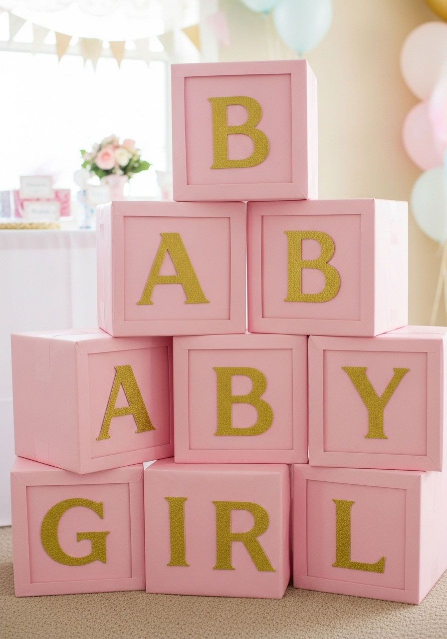 Cardboard boxes wrapped in pink paper with gold glitter "BABY GIRL" letters, stacked as a photo backdrop for a baby girl shower.