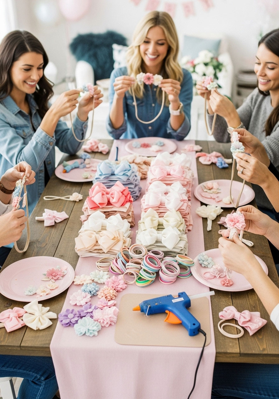 Table with pre-made bows, elastic bands, and fabric flowers for guests to create headbands at a baby girl shower.