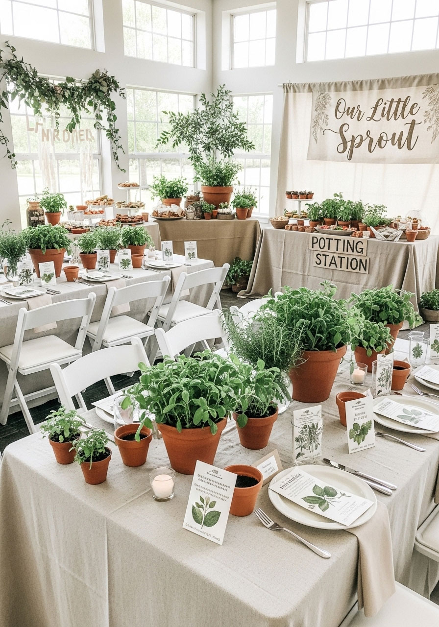 Botanical baby in bloom gender neutral garden shower with terracotta pots, herbs, and potting station for lively growth