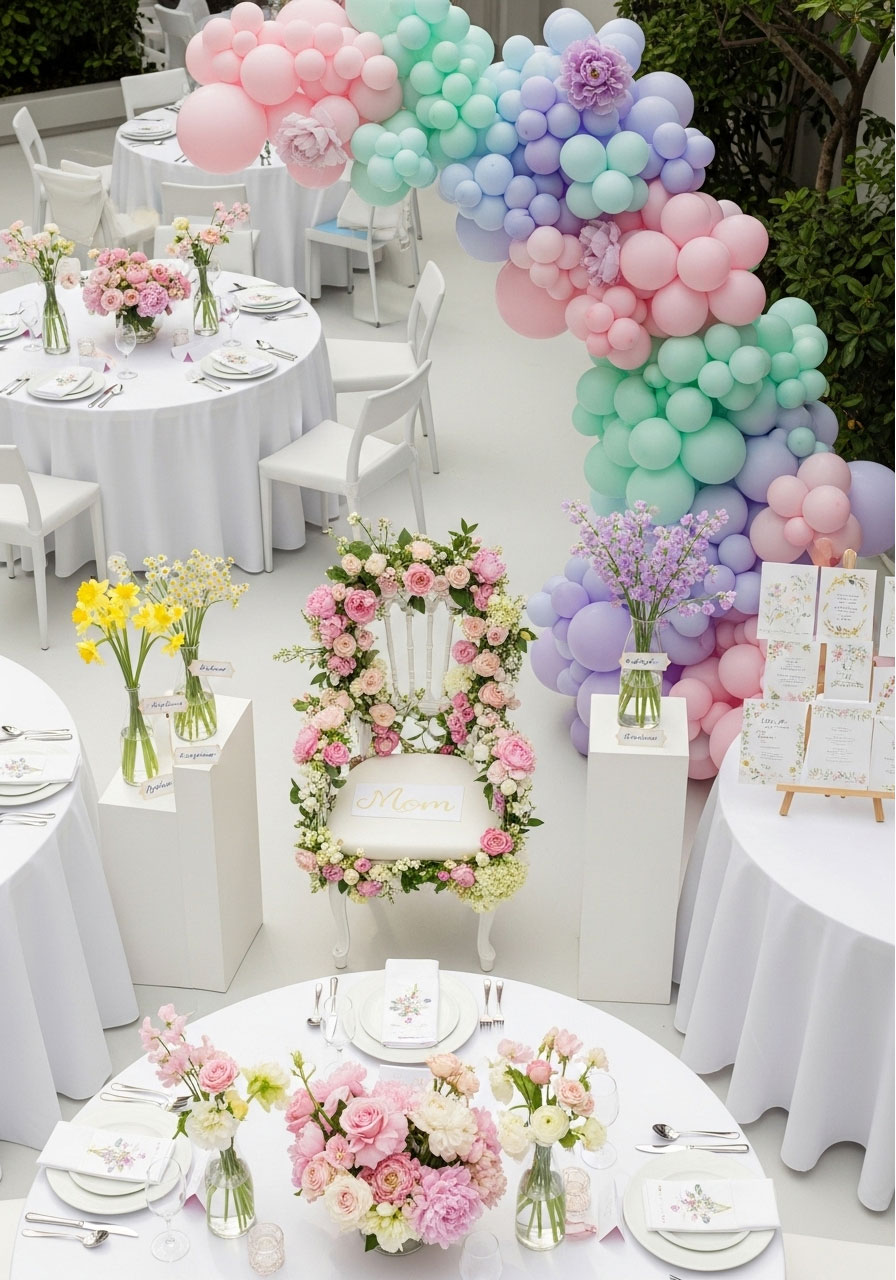 Beautiful baby in bloom spring baby shower with floral balloon arch, fresh flower centerpieces, and pastel decorations for gender neutral celebration