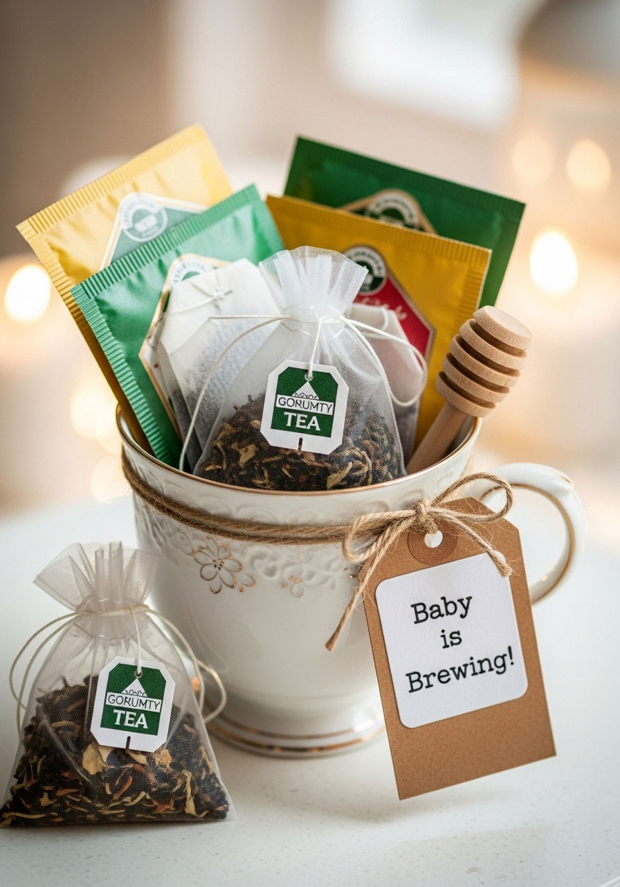 A cute mug filled with assorted tea bags and a honey stick, a 'Baby is Brewing' themed shower prize.