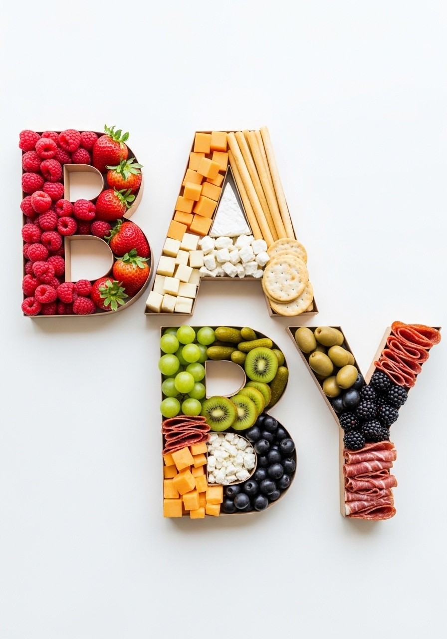 A top-down view of 'BABY' letter trays filled with colorful charcuterie, creating a beautiful and edible centerpiece for a baby shower.