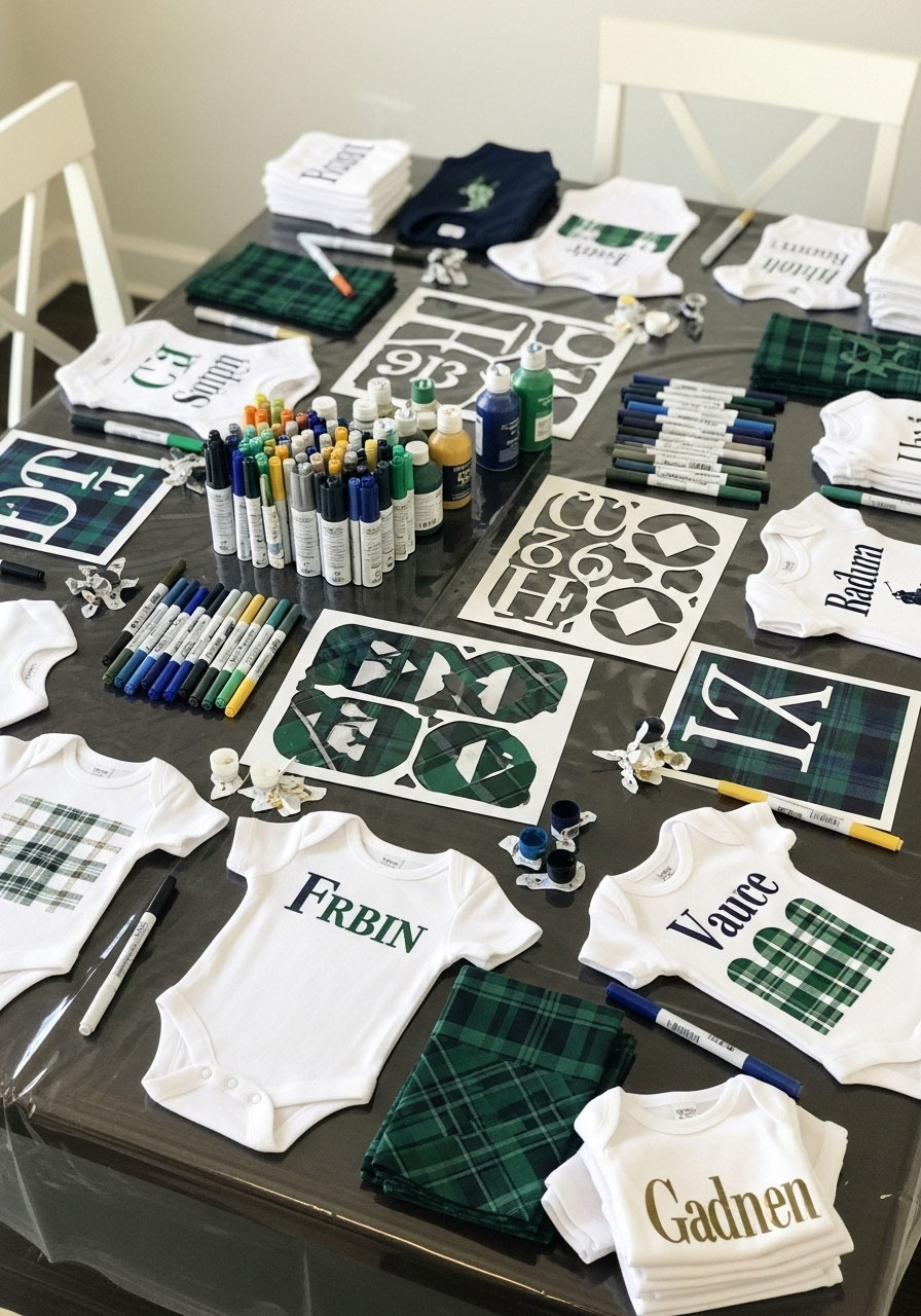 Interactive baby shower craft table with plain onesies, plaid stencils, fabric markers, and Ralph Lauren inspired decorating supplies