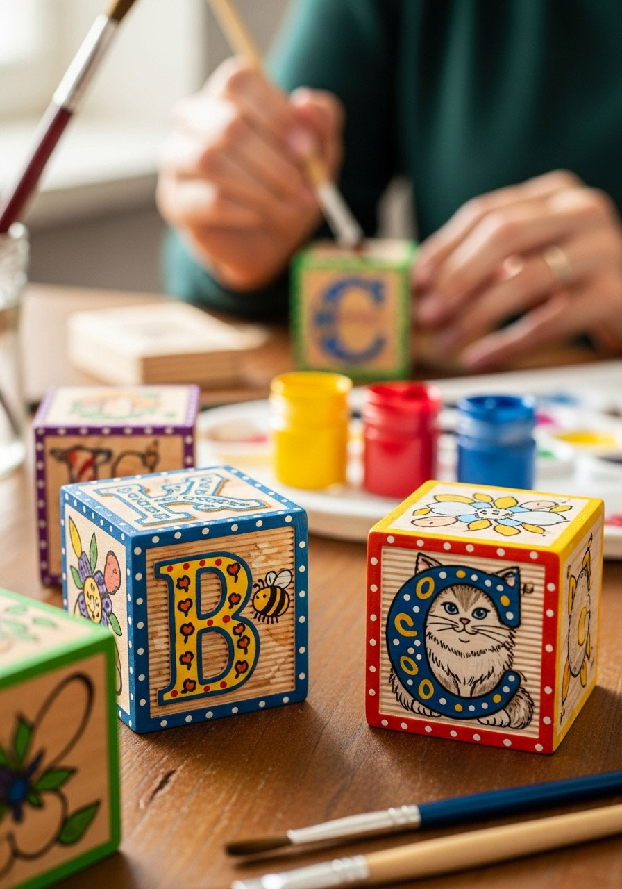 A collection of decorated wooden alphabet blocks on a table, a creative DIY baby shower activity for guests to make a keepsake for the baby.