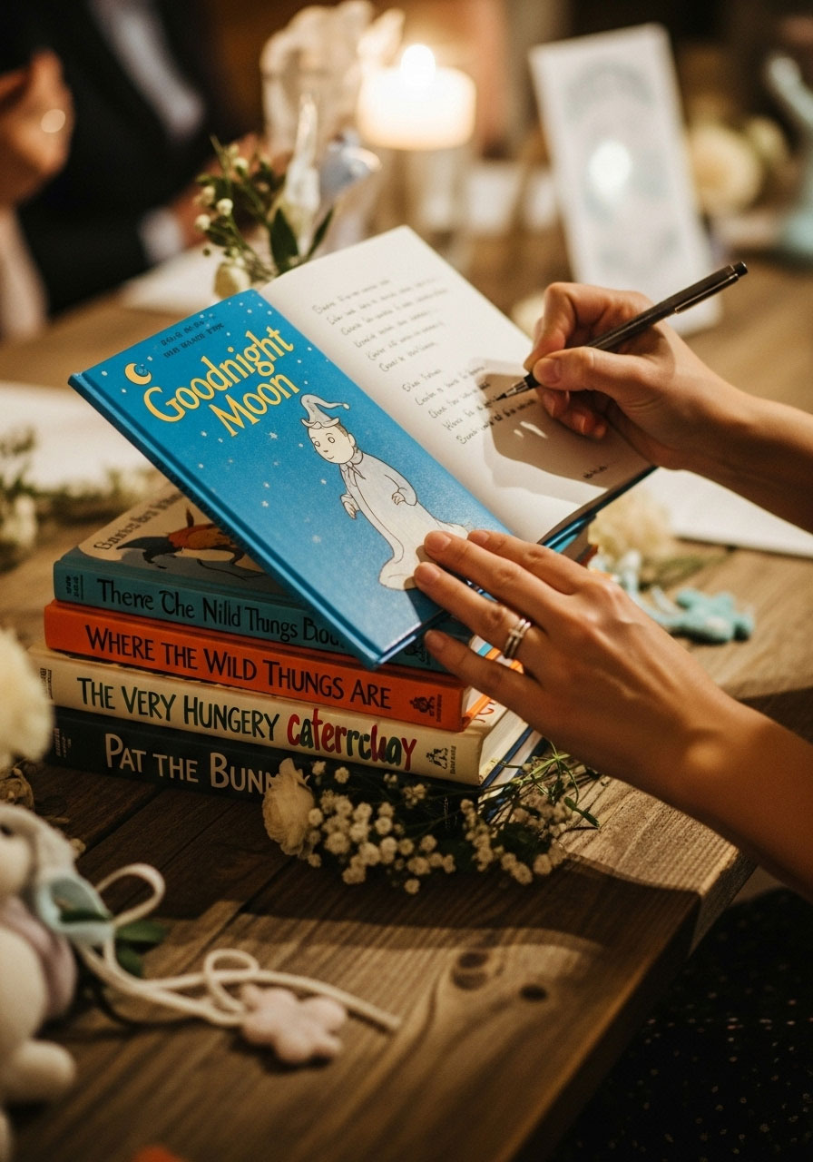 A stack of children's books at a baby shower, part of an activity where guests bring a book instead of a card and write a personal message inside.