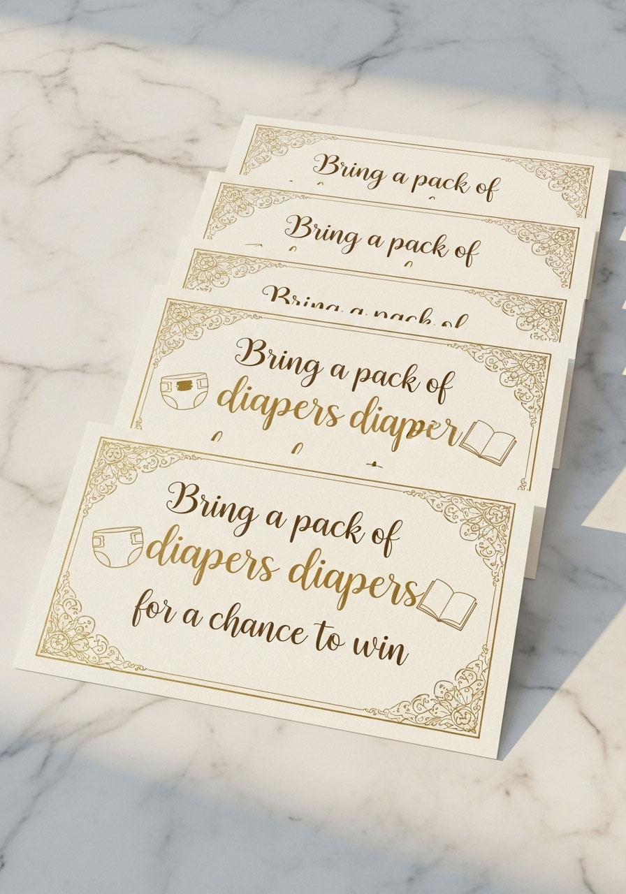 Book-themed diaper raffle cards for baby shower with matching invitation design and elegant typography for party games