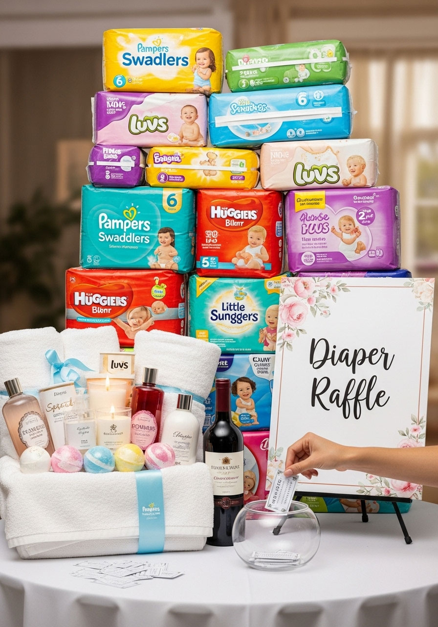A baby shower diaper raffle station with a large collection of diaper packs, a prize basket, and a bowl for collecting raffle tickets.