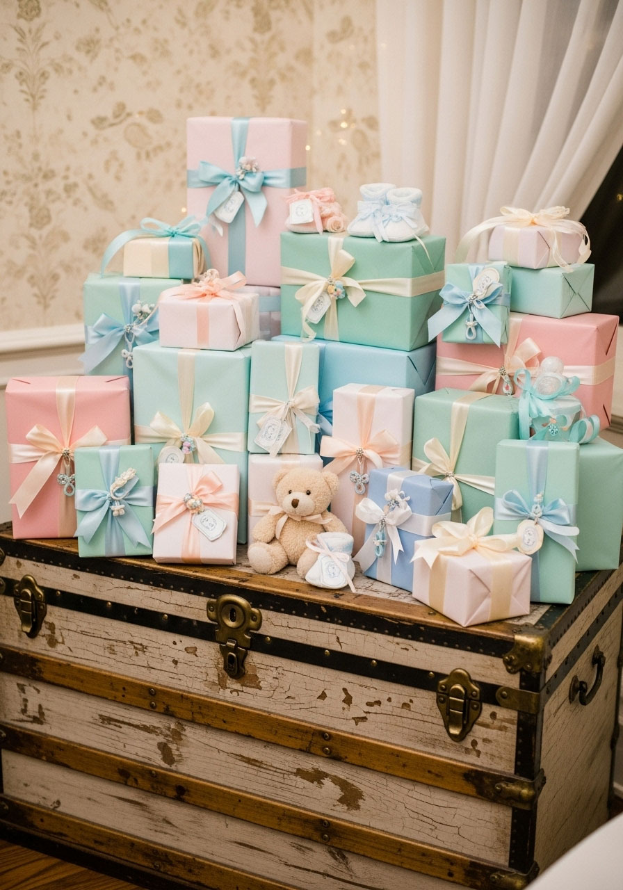 Elegant gift display area using vintage trunk or decorated table, beautifully arranged baby shower presents as party decorations