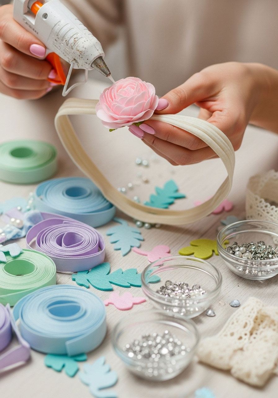 A beautiful DIY headband making station at a baby shower with craft supplies like elastic bands, silk flowers, and bows.