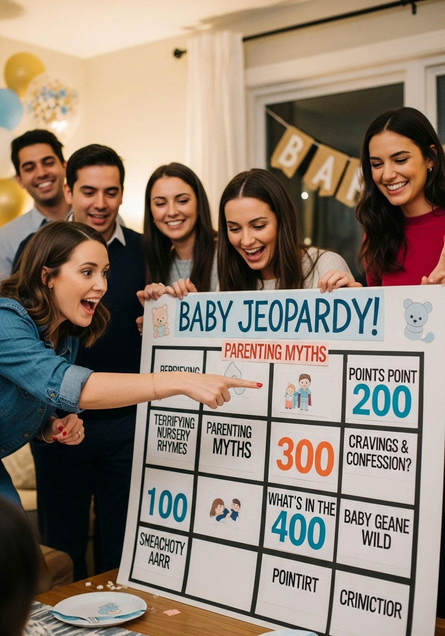 A DIY Jeopardy board with funny, baby-themed categories for a competitive and hilarious shower game.
