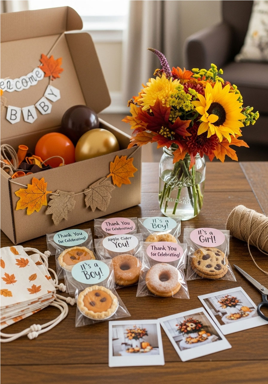Post-party fall baby shower leftover transformation with flowers in mason jars, snacks as survival kits, and decorations for nursery